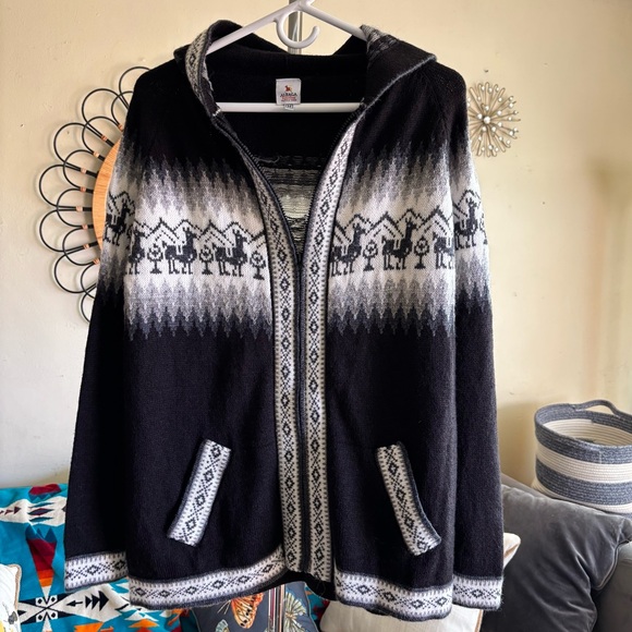 100% Alpaca Fair Isle Zip Front Hoodie Sweater Black White Gray Size M - Picture 8 of 14